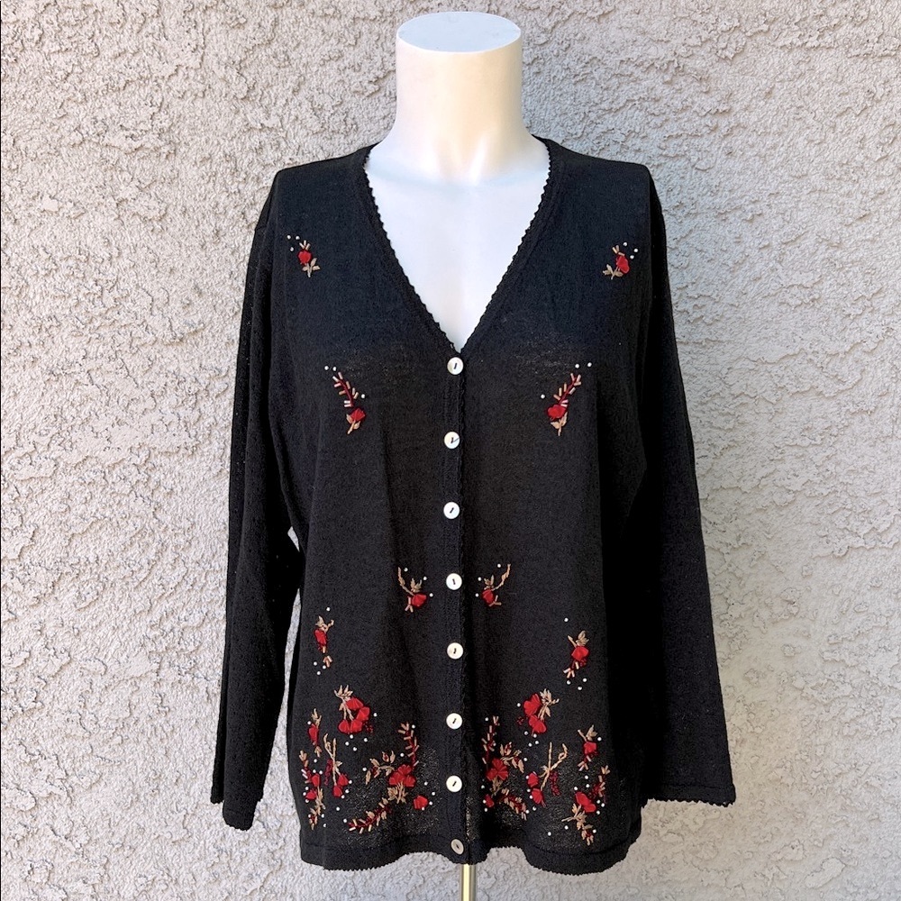 Vintage R&K Tiny Red Floral Embroidered Black Knit Button Down Cardigan Sweater